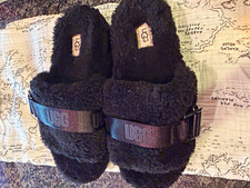 UGG Fluffita Shearling Lined Slide Slippers Buckle Strap Black Women US 7