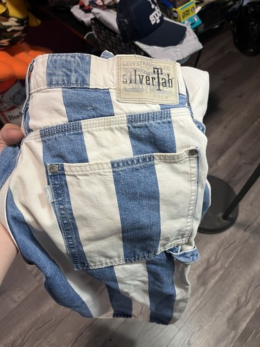 VTG Levis Silver Tab Baggy Blue White Striped Carpenter Shorts Jorts Men Size 32 - Picture 5 of 7
