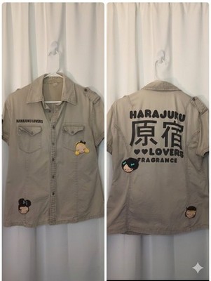 Harajuku Lovers Y2K Patchwork Graphic Camp Shirt Unisex OS Kawaii Indie Japan