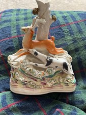 Antique Staffordshire Figurine With Deer And Dog. Some Repairs