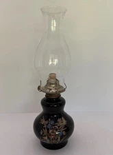 Vintage Kaadan Glass Oil Lamp & Glass Globe Paraffin Black Painted Floral Gold