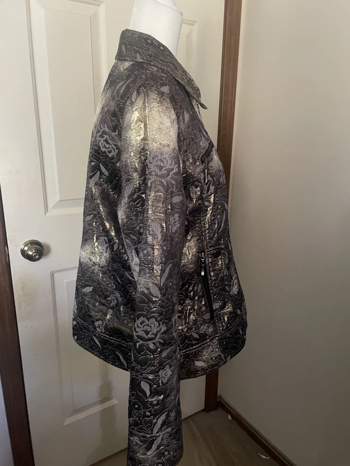 Chico's Talla 2 (L) Dorado Metálico con Cremallera Acentos Floral   Foto 2 de 4