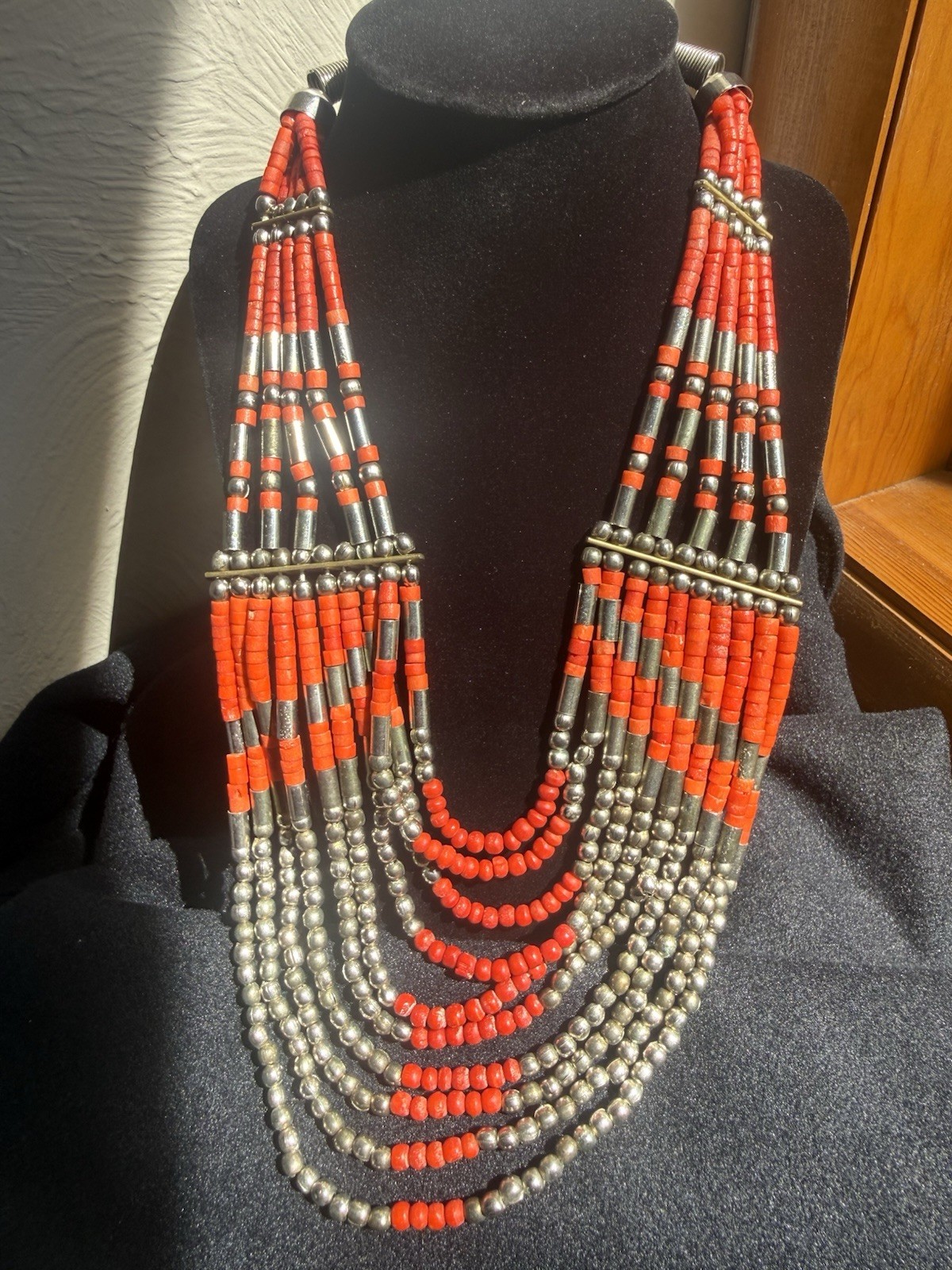 Red Silver Tone Multistrand Beaded Statement Bib Necklace southwestern