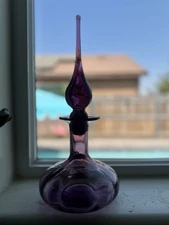 Purple/Amethyst Rainbow Glass  12in Decanter Tear/Stopper Genie Bottle 9621