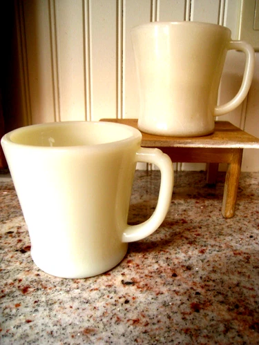Vintage 1950’s 60’s Fire King D Handle Off White Milk Glass Mugs Set of 2