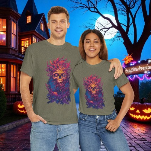 Vibrant Skull Graphic Tee Unisex Heavy Cotton Shirt Halloween Apparel Spooky Tee - Picture 3 of 49