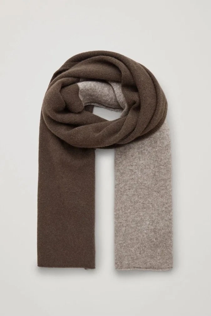 NEW Cos Two Tone Brown Oatmeal Yak Merino Wool Scarf One Size Cozy Colorblock