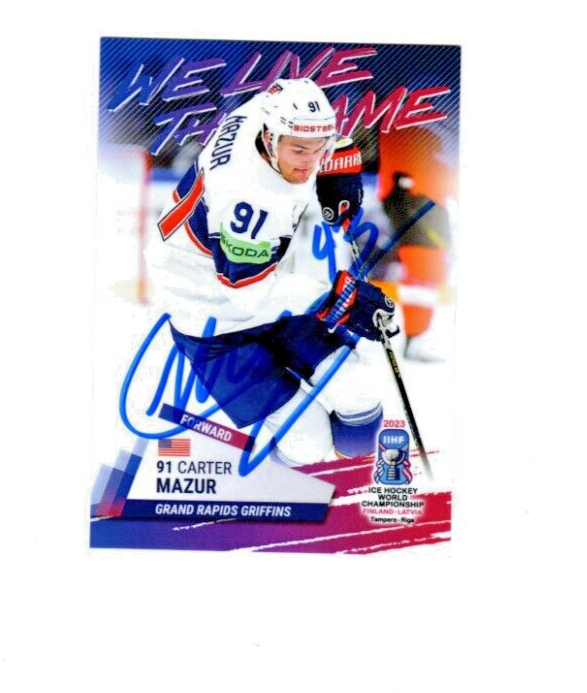 Carter Mazur USA hockey signed autograph ROOKIE card Griffins Red