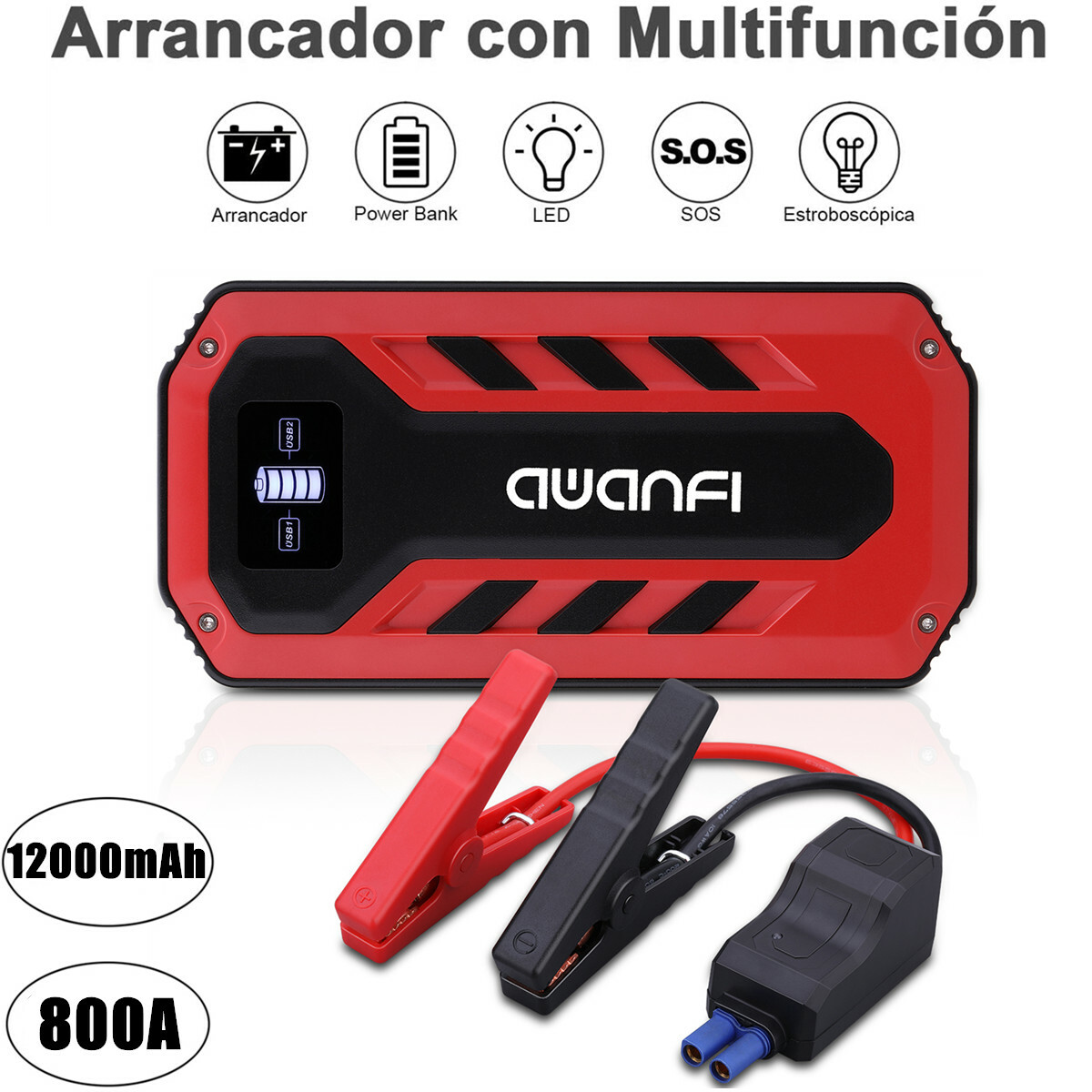 800A 12000mAh Jump Starter Arrancador De Coche Vehículo Linterna Batería Externa