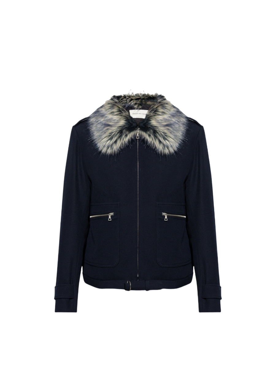 DRIES VAN NOTEN 24FW Faux Fur Fur Collar Bomber Zip Wool