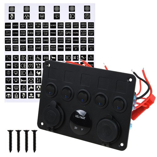 5-Gang 12V/24V Inline Fuse Box LED Switch Panel Dual USB Car Boat Truck Camper - Picture 3 of 13