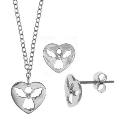 0.05Ct Lab-Created Moissanite Angel Wings Heart Pendant & Earring Set 925 Silver