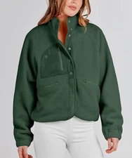 NEW Anrabess Women's Army Green Cropped Sherpa Fleece Jacket Size Large