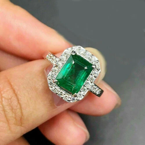 3.30 Karat Natürliches Grün Smaragd Und Diamanten Edelstein 14K Echt Weißgold - Bild 3 von 3