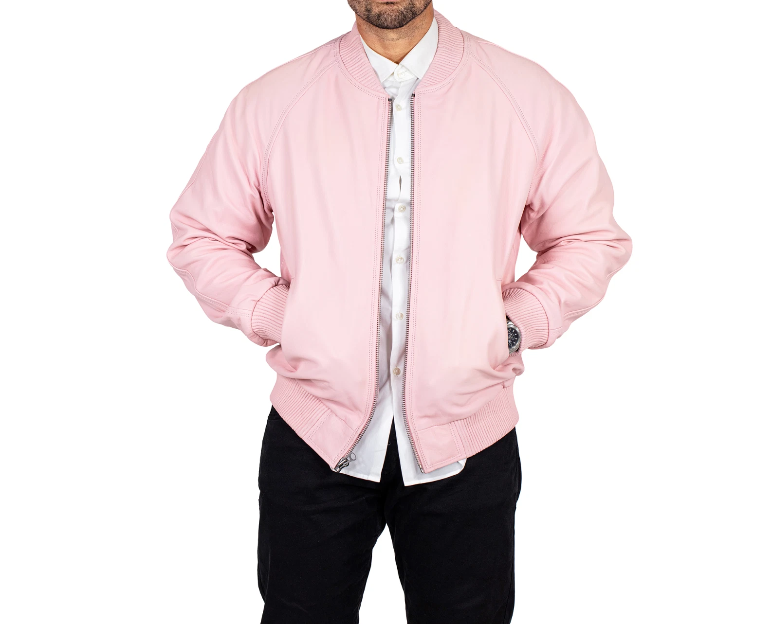 Men's Light/Baby Pink Leather Bomber Jacket 100% Real Lambskin Biker Jacket- 115