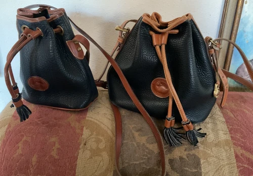 2 Vintage Dooney & Bourke SM Drawstring Bucket Bag (s)Pebble Leather Black & Tan