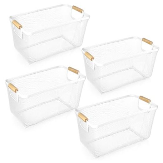 4 Pcs Metal Wire Basket with Wooden Handles Mesh Steel Storage Large White