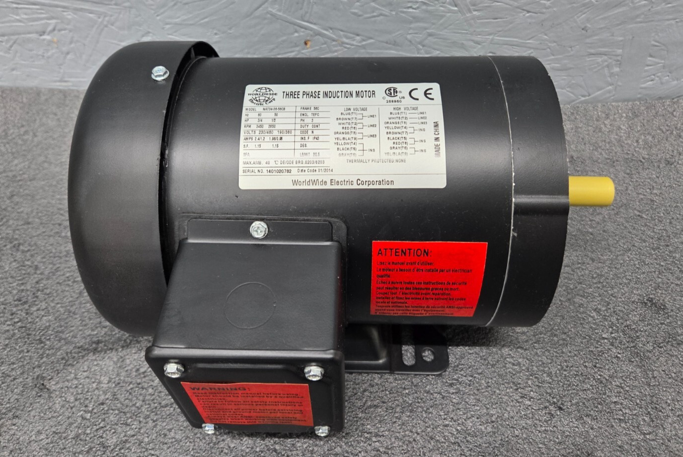Worldwide Electric Corp. NAT34-36-56CB, 3/4 HP, 230/460 VAC, 3450 RPM