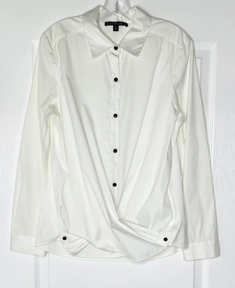 Camisa LAFAYETTE 148 Marfil Algodón Elástico Convertible Envolvente Esmoquin Abotonada 12 L Foto 2 de 4