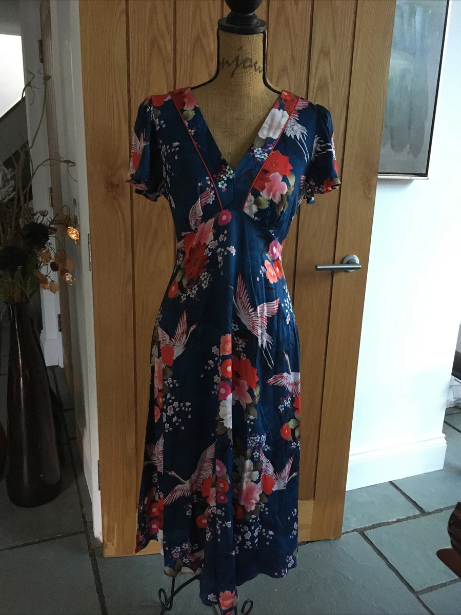 Monsoon Camilla Vintage Style Midi Crane Blue Floral Bird Tea