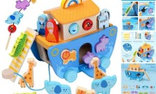 Wooden Noah's Ark Toy with Animal Shape Sorter,Baptism Gifts for 1 2 3 4