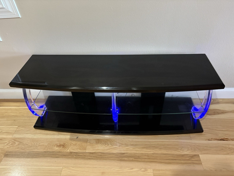 Black Glass TV Stand w/ Clear Acrylic Sides, Blue LED Lighting, 2 Shelves
