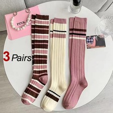 3 Pairs Women Pink Striped Knee High Socks Fashionable College Style Soft Comfor