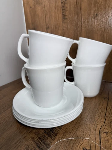 Vintage Corning Winter Frost White Coffee/Tea Mugs D Handle set of 6 W/saucers
