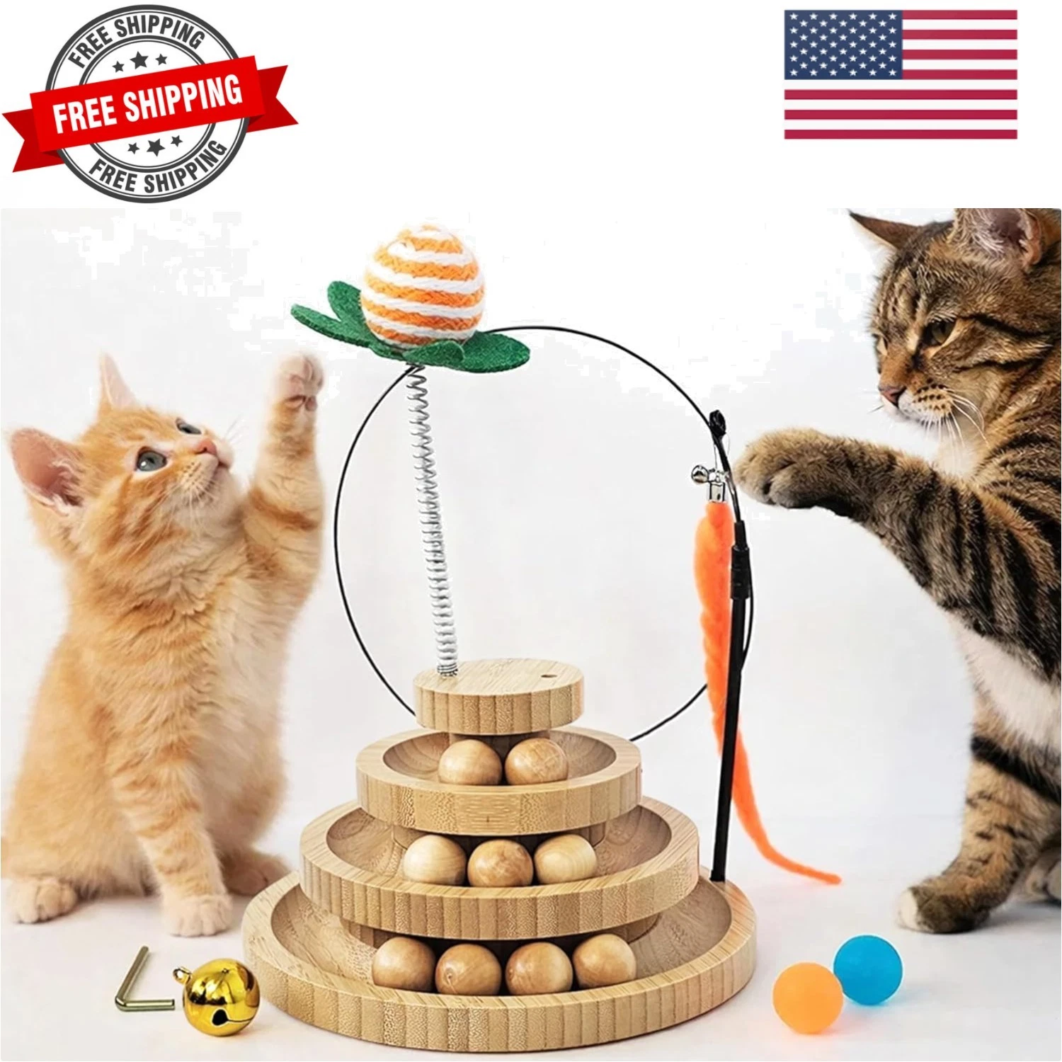 Cat Toy Ball Track with 2 Teasers, 3-Level Cat Ball Tower, 4-in-1 Kitty Toys,...