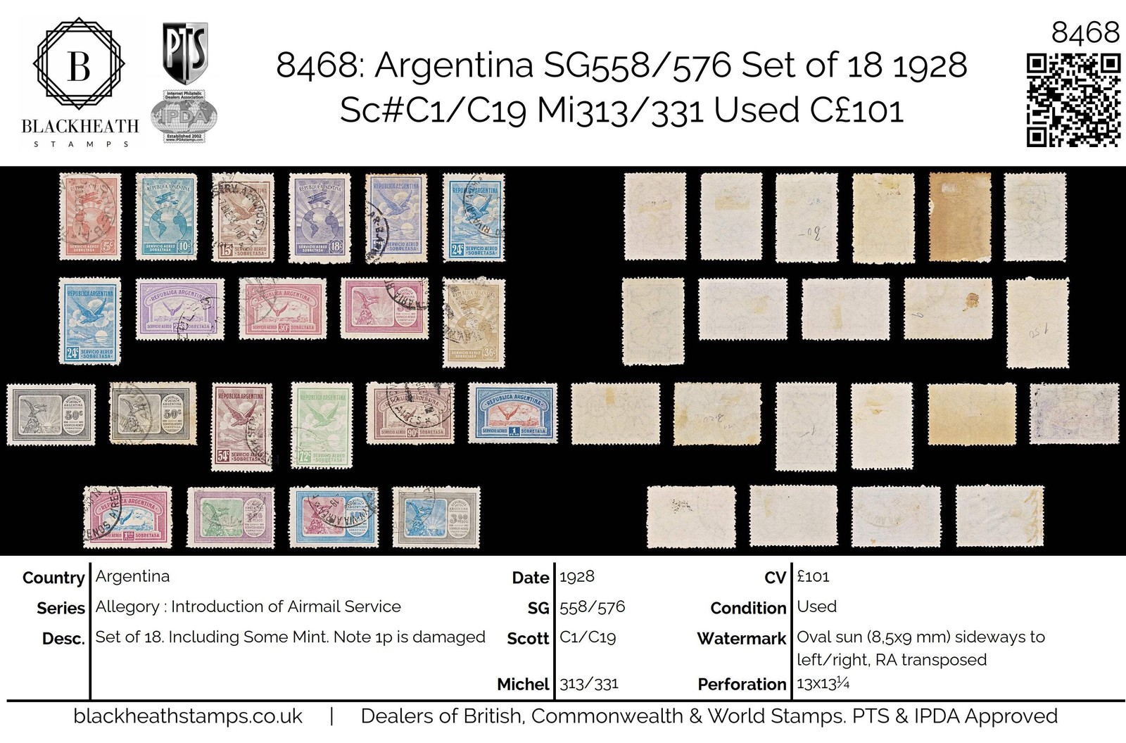 8468: Argentina SG558/576 Set of 18 1928 Sc#C1/C19 Mi313/331 Used C£101
