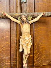 Superb Large Italian Ceramic Jesus On Crucifix Wall Hanging Glass Eyes 24"