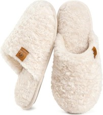 Women's Fuzzy Slip-on Slippers Warm Cozy Soft Lightweight Memory Foam Indoor Hou