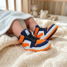 Crochet Baby Handmade Sneaker Denver Colors Orange Navy Newborn Unisex Crib Sock