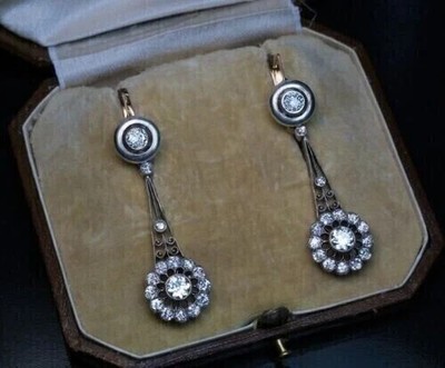 Art Deco Style Round Lab Created Diamond Drop Wedding 14k White Gold FN Earrings