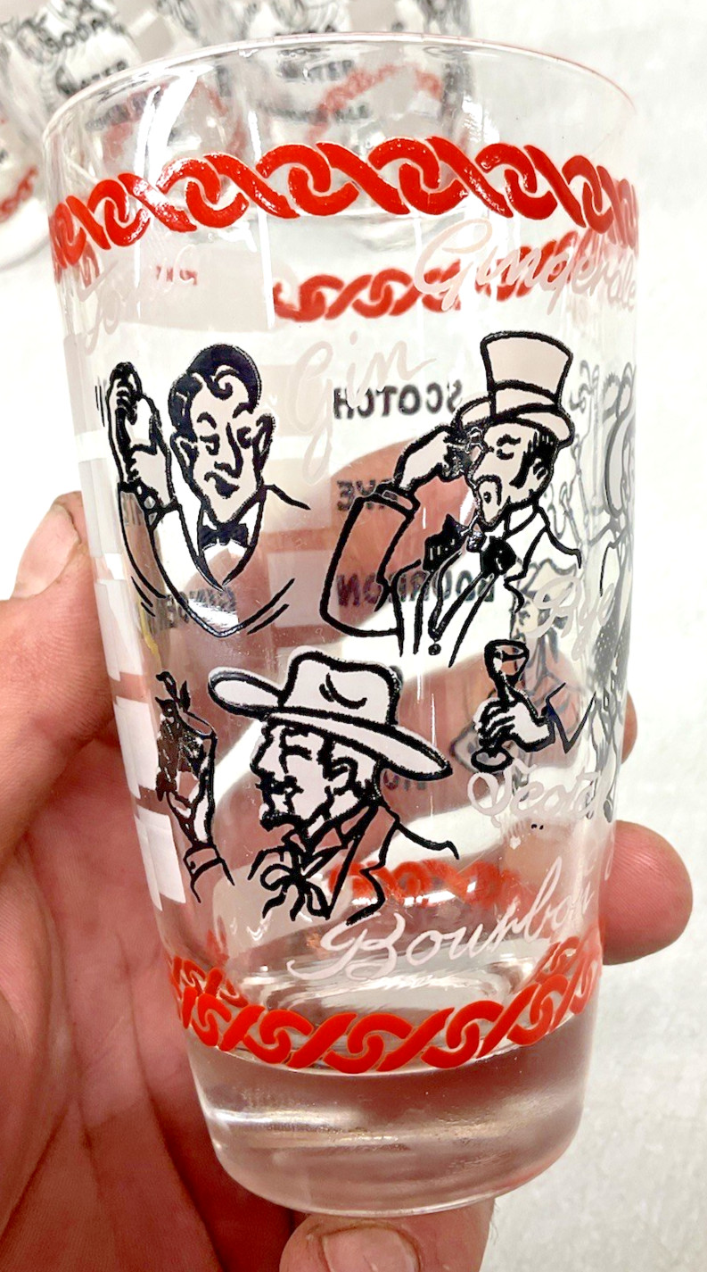 6 Vintage Cocktail Bar Back Drink Liquor Illustrated Novelty Glasses Drinking