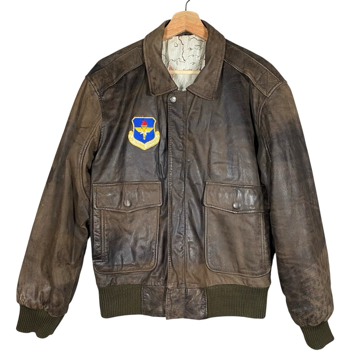 Vintage Mirage Leather Jacket 38 Air Force Patch WWII Map