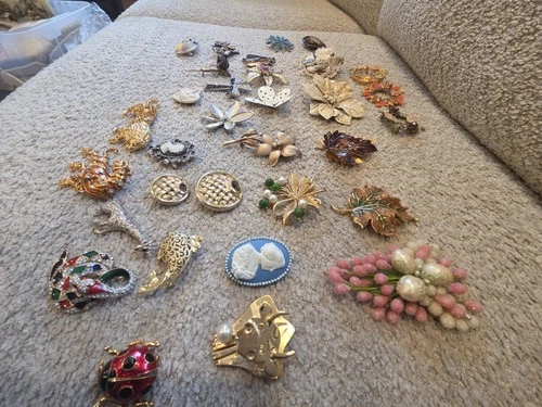 Vintage Brooch Lot Of 30 Mix Of Crown Trifari, Sarah Covington Costume Jewelry