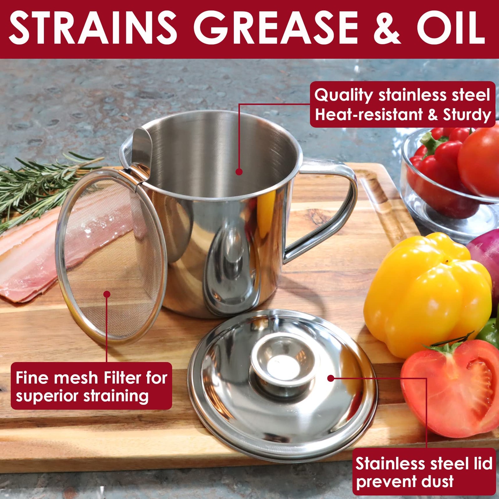 Bacon Grease Container with Strainer, Stainless Steel Oil Storage Can Container
