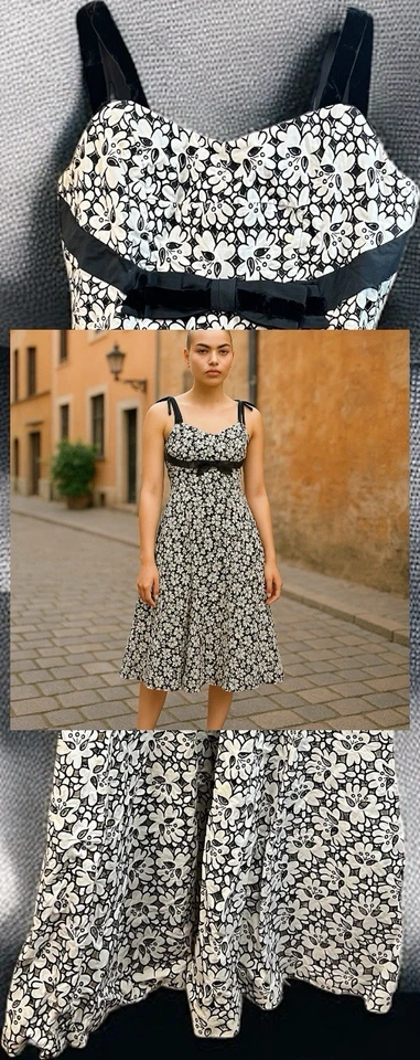 Vintage 1960s Martin Berens Black & White Cut Out Floral Cocktail Dress Gorgeous - Image 2 of 4