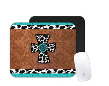 Turquoise Cross Mouse Pad  Western Cow Print Desk Mat  Country Farmhouse Style
