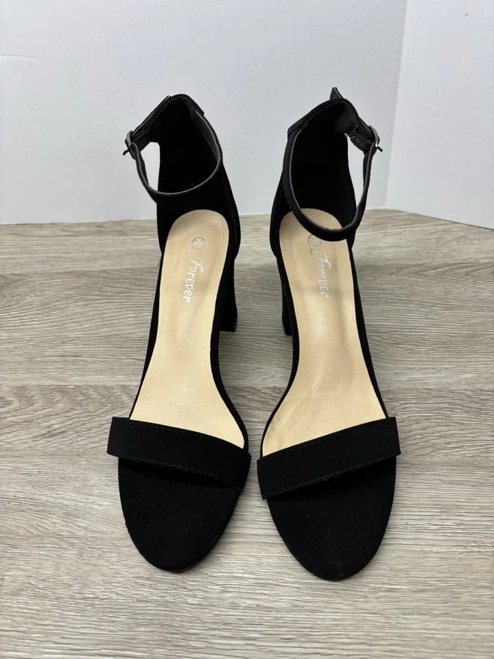 Tacones de aguja de gamuza Forever-Black punta abierta con correa para el tobillo 8,5 Foto 3 de 4