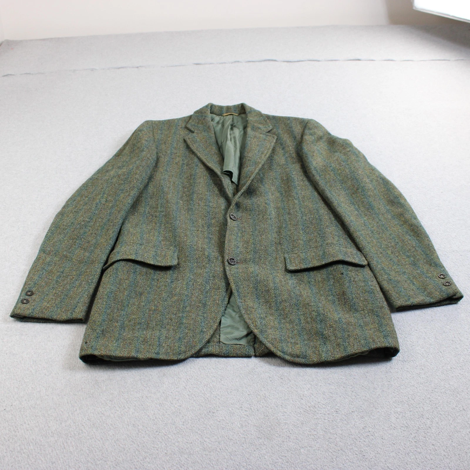 Vintage Harris Tweed Blazer Mens 42 Green Stripe Wool Sport Coat Heritage READ image 1