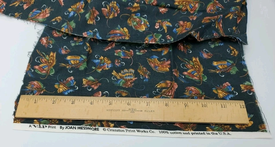 cotton fabric remnant blue brown tan green on dark green 12x44 Messmore Cranston - Image 3 of 4