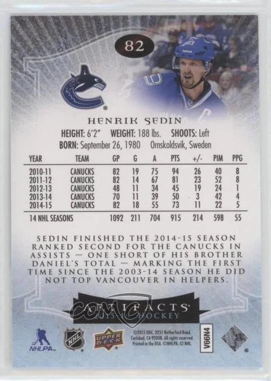 2015-16 Upper Deck Artifacts Sapphire /85 Henrik Sedin #82 HOF - Image 2 of 2