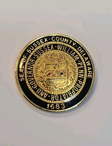 Sussex County Delaware Souvenir Lapel Pin Great Seal Black & Gold Colors