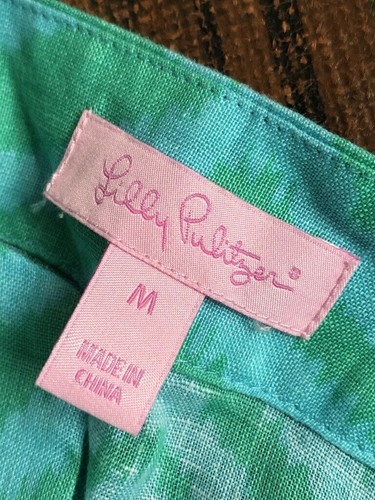 LILLY PULITZER 100% LINEN KURTA TOP TUNIC GREEN AQUA BLUE ANIMAL PRINT M EUC - Picture 7 of 9