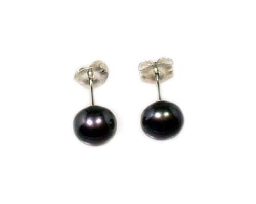 Boucles d'oreilles anciennes perles de culture noires sur goujons en argent sterling - Photo 1 sur 2