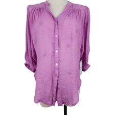 Fig And Flower Purple Blouse Lightweight NWT Half Sleeves Embroidered Flowers
