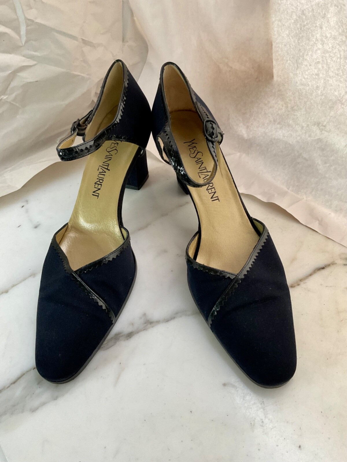 YVES SAINT LAURENT décolleté blu navy cross grain vintage mai indossate vintage 9 5 nuove con etichette