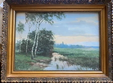 Gouache Antique Sign., Verso Dated 1938 Summery Landscape with Stream & Birches